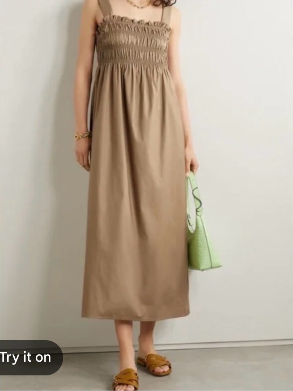 Reformation Solstice Dress Taupe Tan Smocked Adustable Straps Midi Cotton